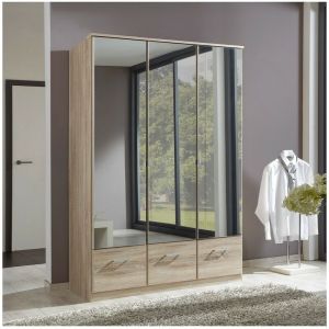 Image de Calicosy Armoire 3 portes miroir et 3 tiroirs - L135 cm - 135 cm X 58 cm X 199 cm Chêne