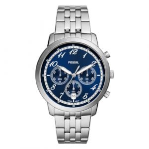 Fossil Neutra Montre pour Homme, Mouvement Chronographe avec Bracelet en Acier Inoxydable ou en Cuir, Argent et Bleu, 44mm