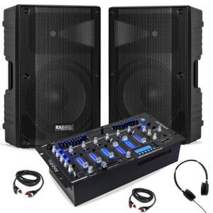 Ibiza Sound Pack DJ Sono 2 Enceintes Actives XTK15A-MKII 15 600W - Table Mixage Bluetooth DJM102-BT USB - Casque - C&acirc;bles - Soir&eacute;e F&ecirc;te