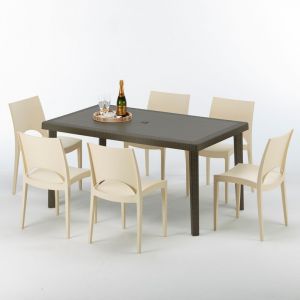 Grand Soleil Table rectangulaire 6 chaises Poly rotin resine 150x90 marron | Paris Beige ivoire