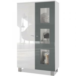 Vladon Vitrine Armoire haute Commode Denjo en Blanc mat - haute brillance - Porte en Gris haute brillance sans éclairage LED - Porte en Gris haute