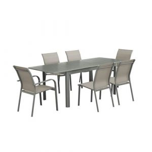 Sweeek Table de jardin extensible aluminium et textil&egrave;ne kaki 4 chaises 2 fauteuils 6 places textil&egrave;ne