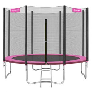 Trampoline extérieur enfant 305 cm avec filet de sécurité coussins de protection échelle capacité 150 kg pour jardin rose 12_0002064