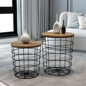 Lot de 2 paniers en m&eacute;tal Hundested avec plateau amovible rond noir / effet bois [en.casa]