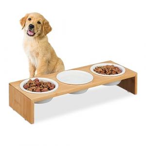 Relaxdays Gamelles pour Chiens, 3 récipients, 400 ML, Compatible Lave-Vaisselle, Bambou & céramique, Nature - Blanc