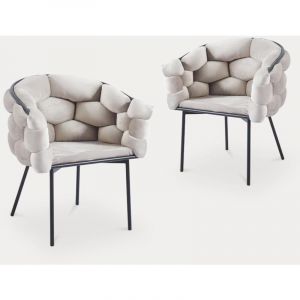 Miranda - Lot de 2 chaises velours beige pieds en métal noir - Blanc