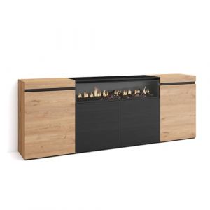 Skraut Home | Buffet Salon et Cuisine | Meuble de Rangement, Commode | 200x75x35cm | 4 Portes | Cheminée électrique | Style Moderne | Chêne et Noir