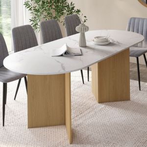 Idmarket Table &agrave; manger extensible ovale MARTHE 6 -10 personnes plateau marbre blanc ALASKA et bois fa&ccedil;on h&ecirc;tre 160-200 cm
