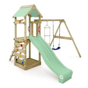 Wickey Aire de jeux Portique bois FreeFlyer avec balan&ccedil;oire et toboggan