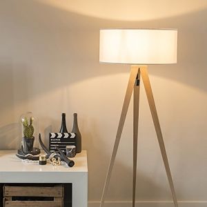 Qazqa Lampadaire Tripe bois avec abat-jour blanc Moderne Luminaire interieur