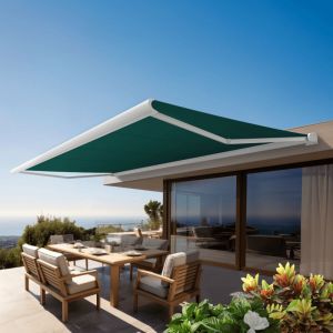 Store banne Coffre int&eacute;gral PROTECT 2 Blanc 6x3,5m Motoris&eacute; &agrave; t&eacute;l&eacute;commande - Toile Verte