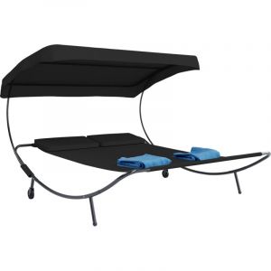 Ebuy24 - Bindox hamac, chaise longue suspendu double 130x120cm avec toit, roues, 2 coussins noir.