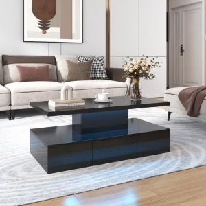 Table basse avec tiroir et led - finition brillante - Noir