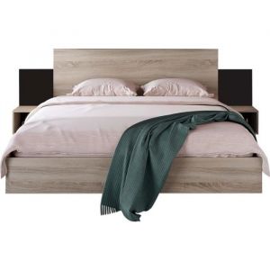 Lit double 160x200cm en bois massif - avec 2 tables de chevet + sommier à lattes - Naturel