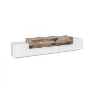 Dmora - Meuble tv Dlamann, Buffet bas de salon, base meuble tv, 100% Made in Italy, 240x45h52 cm, Blanc brillant et Érable