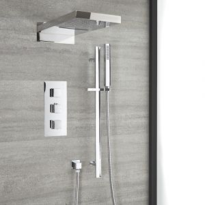Hudson Reed Kit de douche thermostatique avec inverseur &ndash; Pommeau cascade et kit douchette sur rampe &ndash; 3 fonctions &ndash; Chrom&eacute; - Kubix