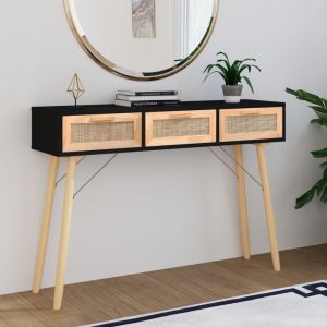 Image de VidaXL Table console Noir 105x30x75 cm Bois massif pin /rotin naturel