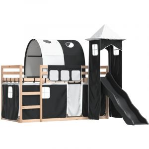 VidaXL Lit superposé avec toboggan et rideaux blanc et noir 90x200 cm