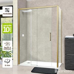 Pare douche porte coulissante et paroi latérale droite, L.100/104l.80H195 cm, verre 6mm sécurit Easy Clean Or Brossé Superban Vézannes 2PL