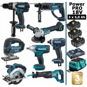 Image de Makita Pack Power PRO 8 outils 18V: DDF458 DHR202 DGA504 DTW190 DTD152 DJV180 DSS610 DJR186 + 3 batt 5Ah + sac