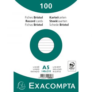 Exacompta Paquet 100 fiches bristol ligné non perforé 148x210mm Blanc,