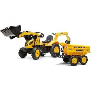 Falk Tractopelle à pédales Komatsu avec excavatrice et remorque basculante Maxi - Jaune - Pelle Frontale et excatrice articulées - Siège Rotatif -Fabriqué en France - Dès 3 Ans - 2086W