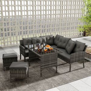 Poly Rattan ensemble de Salon de jardin de canapés, table à manger, pour 7 personnes, housse de tissu amovible et lavable, gris