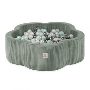 Piscine &agrave; Balles pour B&eacute;b&eacute; Enfants MISIOO Fleur Velours C&ocirc;tel&eacute; Vert 95x30 cm 400 Balles: Menthe/Argent/Blanc Perle