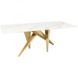 Table de salle &agrave; manger AXIS &ndash; Rectangulaire 200 cm &ndash; Effet marbre blanc &ndash; Pieds m&eacute;tal coloris or &ndash; Style chic