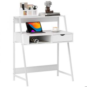 Homcom Bureau secrétaire bureau informatique style néo-rétro tiroir niche étagère métal blanc aspect bois blanc
