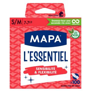 Mapa L'Essentiel - Gants Fins en Latex naturel Poudrés - Sensibilité et Flexibilité - Boîte de 100 gants - Taille S/M, Blanc