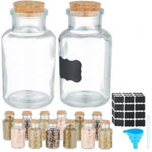 Relaxdays Salière et poivrière, Couvercle, Lot de 14, 150 ML chacun, étiquettes, marqueur, Entonnoir, Transparent