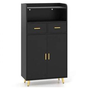 Costway Meuble Salle De Bain Avec 2 Tiroirs, 2 Portes, Compartiment Ouvert, Étagère Réglable, Pieds En Métal, 30x60x100cm Noir