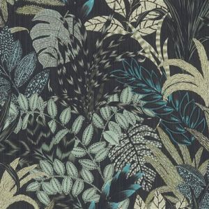 Papier peint floral Profhome 378603 papier peint intissé légèrement texturé avec un dessin exotique mat noir bleu gris vert 5,33 m2 noir