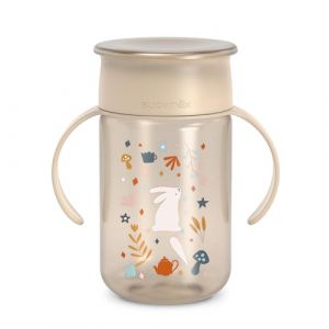 Suavinex Tasse Apprentissage pour B&eacute;b&eacute;, avec Disque Anti-Fuite, Magic Cup Rebord Antifuite 360&deg;, Anses Amovibles, Couvercle Hygi&eacute;nique, Compatible Lave-Vaisselle, 340 ml, +12 Mois, Wonderland, Beige