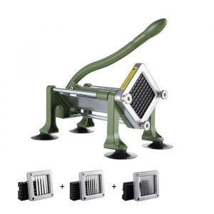 VEVOR Coupe-Frites Manuel, Coupe-Légumes Multifonction avec Lame en Inox de 12,7 mm, 9,5 mm et 6,35 mm, Coupe Pomme de Terre Patates avec Ventouse, pour Concombres, Carottes, Restaurant, Vert