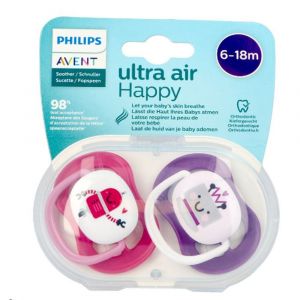 Image de Philips Lot de 4 tétines ultra air jour et nuit de 6 à 18 m : 2 tétines phosphorescentes ; 2 tétines de jour Ultra Air, pour enfants de 6 à 18 mois, avec étui de transport stérilisateur