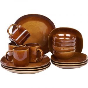 Beliani Service de 16 Pi&egrave;ces de Vaisselle en Gr&egrave;s Finition R&eacute;active Marron Dor&eacute; Turmeric