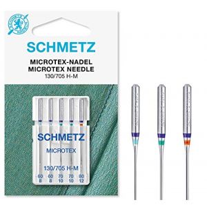 Image de Demeyere SCHMETZ Aiguilles pour Machines à Coudre 5 Aiguilles Microtex | 130/705 H-M | Grosseur d'aiguille: 2X 60/8, 2X 70/10 et 1x 80/12 | Convient pour Les Tissus particulièrement denses ou Fins