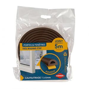 Cogex Boudins de portes et isolation, Bande de joint portes, fenêtres, Joint isolant en caoutchouc autocollant brun, Calfeutrage adhésif caoutchouc, Profil : D/9mm x 5m (ép : 6mm) (2 x 2,5m) Marron