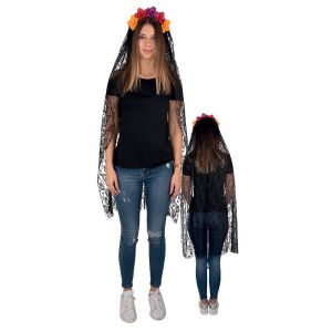 Serre-t&ecirc;te jour des morts avec fleurs et voile 120 cm - ptitclown 16108