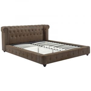 Lit chesterfield 160 x 200 cm - Tissu effet cuir vieilli - Marron - TONGERLA