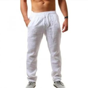 Pantalon En Coton Et Lin Pour Homme - Couleur Unie - Style Décontracté - Taille Haute