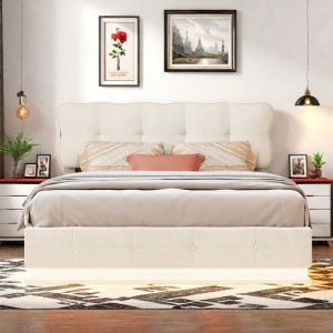 Lit coffre 140x190 cm - Lit double 140x190 cm - Lit 140x190 cm - Beige - Tissu velours - LED int&eacute;gr&eacute;e - Rangement hydraulique