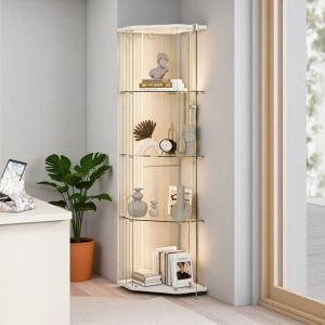 Vitrine en Verre - Pentagonale - LED - 5 &Eacute;tages - Design &Eacute;pur&eacute; Blanc 162cm