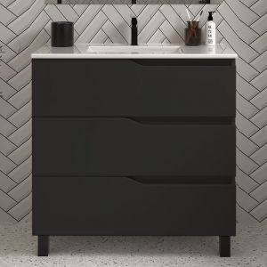 Meuble de salle de bain 60cm simple vasque - 3 tiroirs - sans miroir - noir - mata
