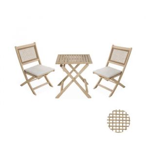 Alice's Garden Table de jardin bistrot cannage carré 2 places. acacia bois brossé clair. 1 table. 2 chaises 60x60x72 cm