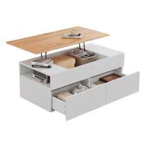 Table basse relevable 100x50x40 cm, avec tiroirs, espace de rangement semi-ouvert,Blanc