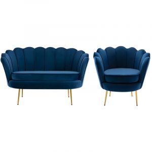 Pascal Morabito Canap&eacute; 2 places et fauteuil coquillage en velours bleu nuit DANDELION