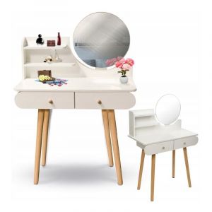Coiffeuse - miroir rond - table de maquillage - 80x40x122 cm - blanc - Blanc